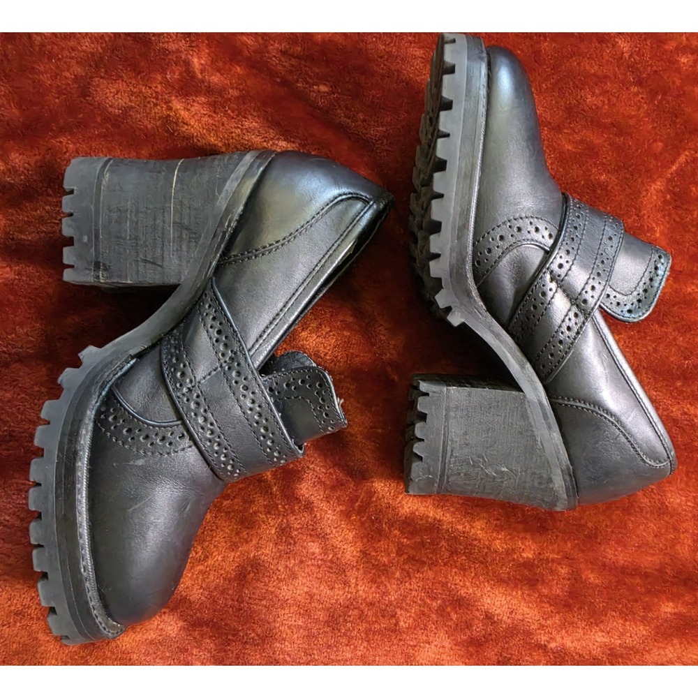 Vintage 90s Steve Madden Heeled Loafers Platform Leather Black Chunky 7 Maple - Picture 8 of 15